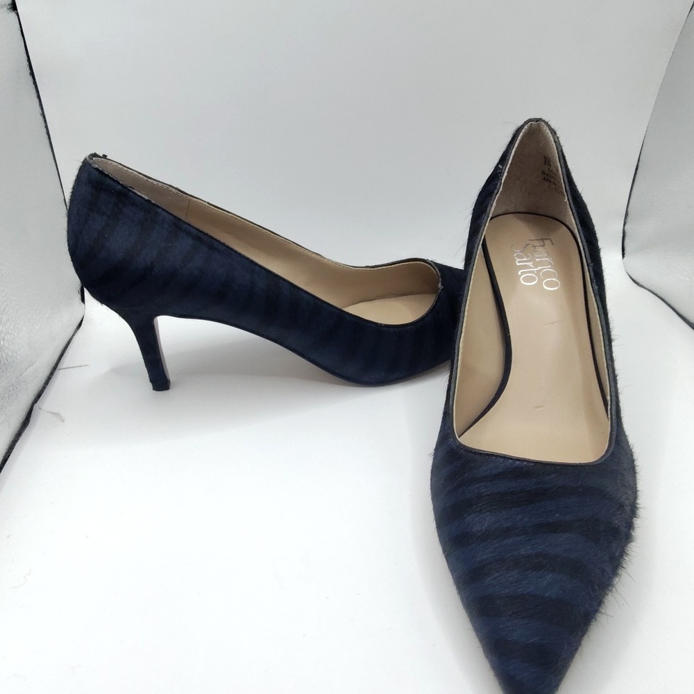 Franco Sarto Cow Hair Fur Heels Womens Size 8 Zebra Black Purple Shoes Cowhide